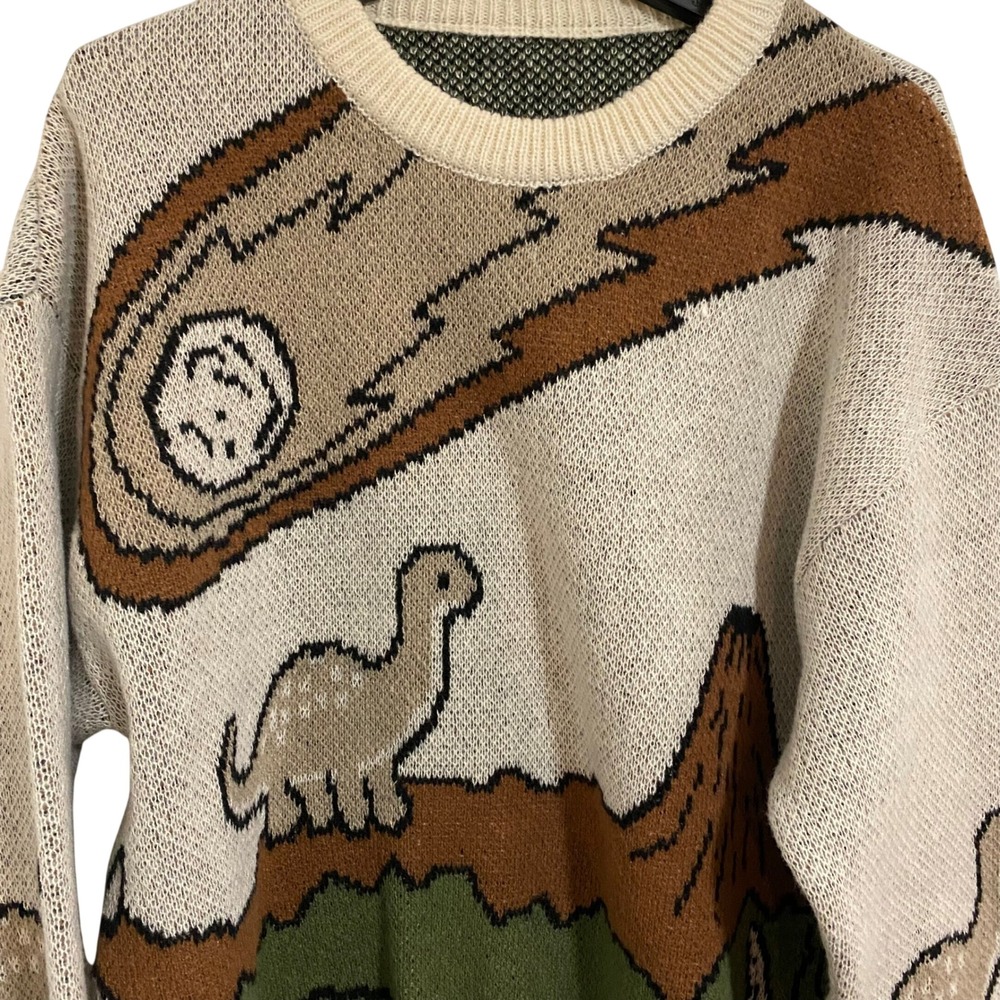 Prehistoric Dinosaur Meteor Sweater Mens XL Cream Retro Intarsia Knit Retro - Picture 3 of 7